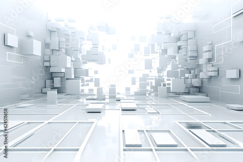 Abstract white space with 3D blocks floating and a grid pattern floor