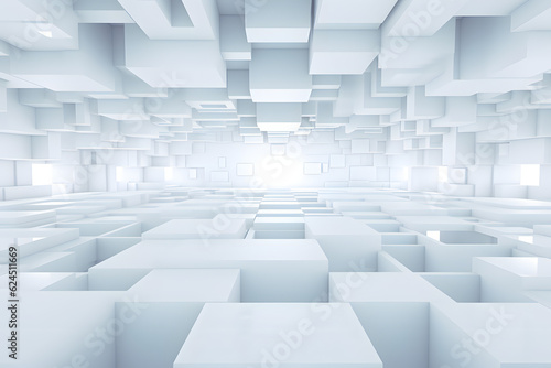 Endless white cubic structures converge to a luminous focal point
