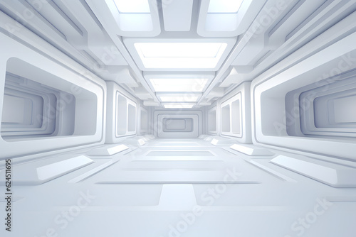 Long white corridor with symmetrical design and illuminated ceiling panels