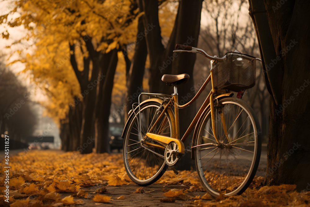 bicycle leaning against a tree with fallen leaves