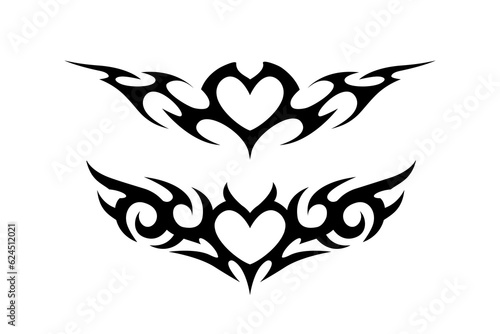 Neo tribal heart tattoo art in Y2k style. Aesthetic 2000s tattoo. Abstract onament with black gothic tribal heart tattoo design. Isolated vector illustration