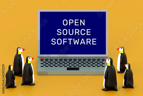 Photography Open source software. Penguins and laptop. 3d illustration.