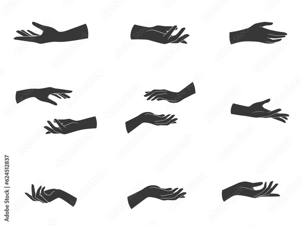 Collection of hands poses. Hands black shapes set. Vector illustration isolated on white background