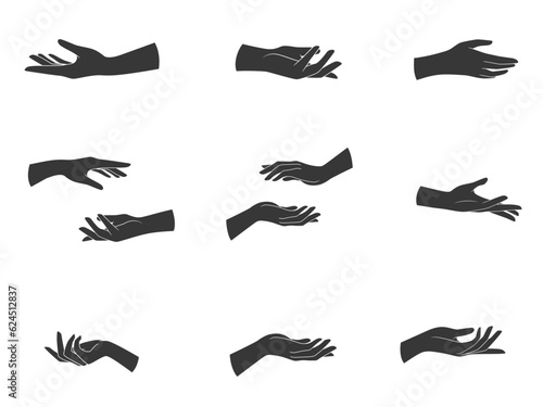 Collection of hands poses. Hands black shapes set. Vector illustration isolated on white background