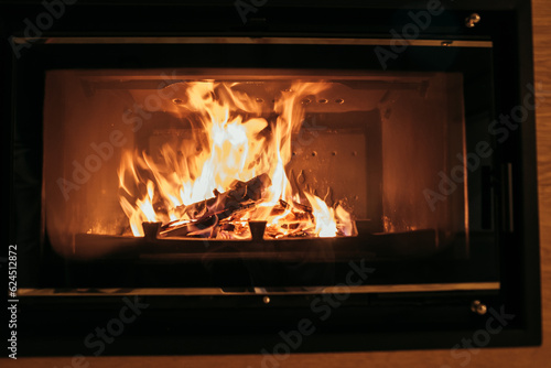 Close up shot of burning firewood in the fireplace.