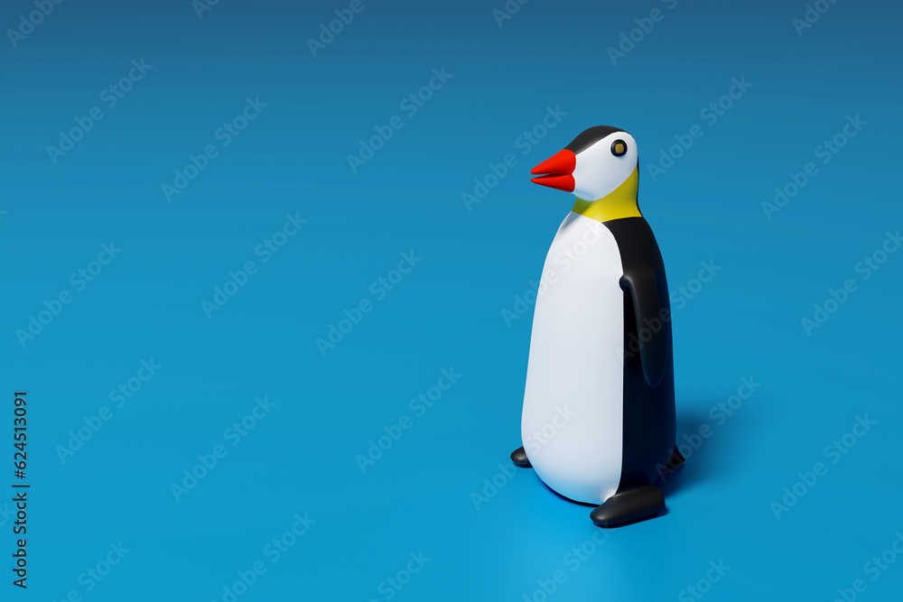 Fototapeta premium Penguin on a blue background. 3d illustration. Copyspace banner.