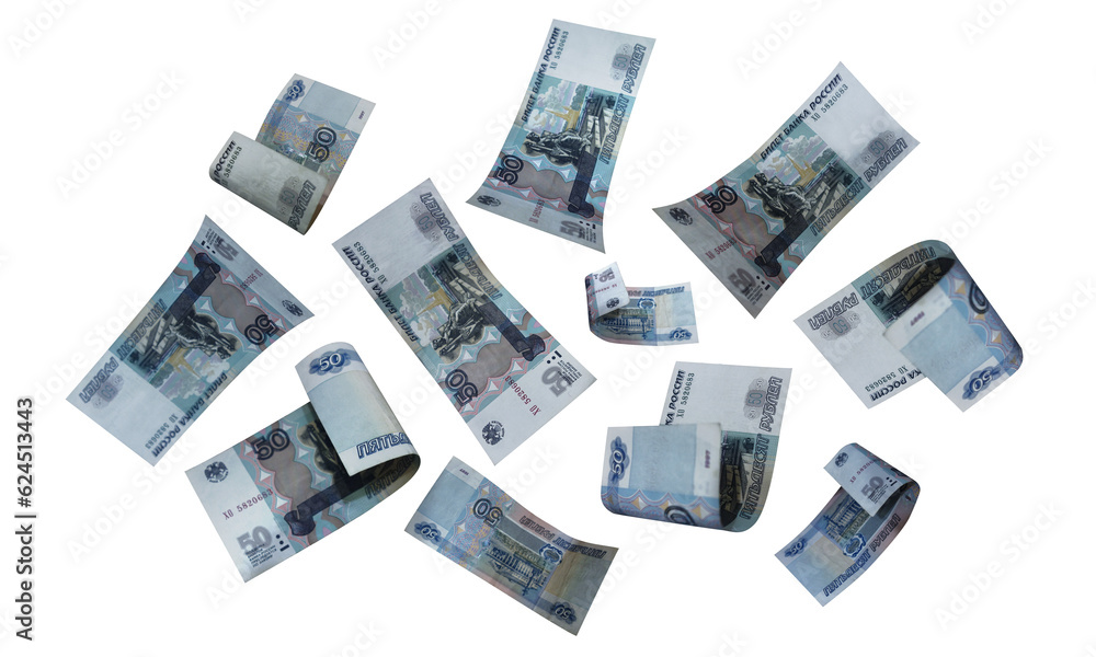 Isolated Russian Banknotes. Russian Money. Flying Money. Fifty rubles.