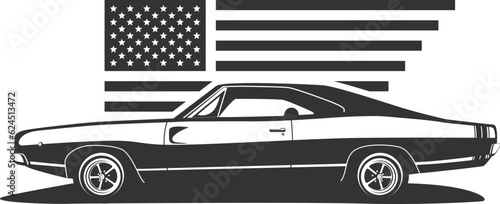 American muscle car vector. Supercar garage logo template. Old auto silhouette label.