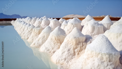 Heap of sea salt in original salt produce farm. White salt harvesting. Agriculture industry. Traditional farm. 

 photo