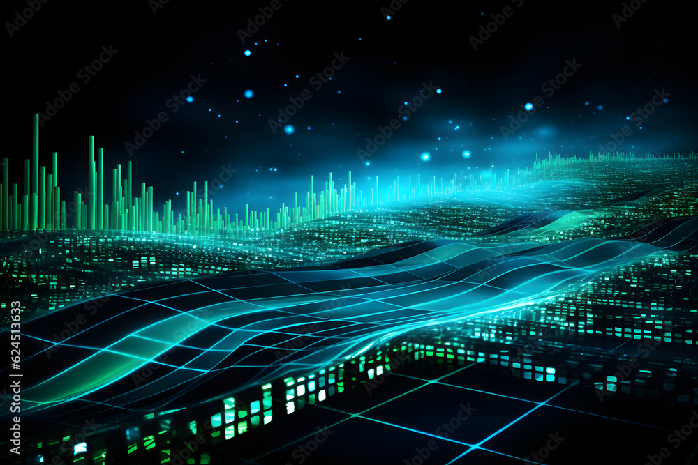 Blue digital waves flow over a grid with rising luminous lines and ...