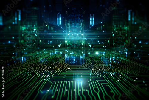 Digital cityscape overlaid on a green glowing circuit board design