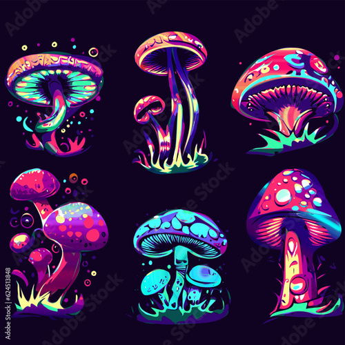 Set bright psychedelic hallucination mushrooms