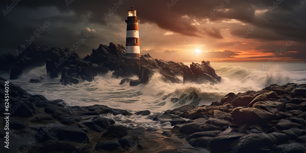 AI Generated. AI Generative. Nautical marine navy landscape with lighthouse on rock coast line with huge waves. Sea adventures explore. Graphic Art