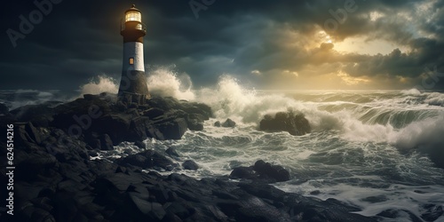 AI Generated. AI Generative. Nautical marine navy landscape with lighthouse on rock coast line with huge waves. Sea adventures vibe © Graphic Warrior