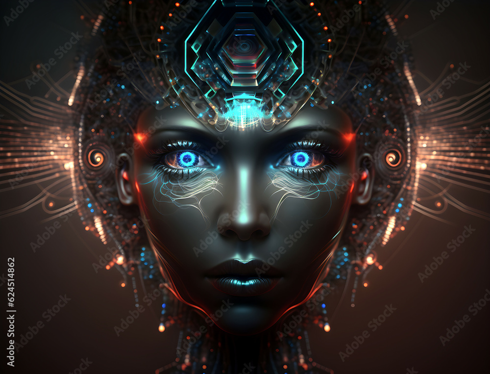 cyber woman face with lights , a woman's head of a machine, in the style of futuristic digital art, robotic expressionism, hyper-detailed, dark bronze and cyan. Concept of AI human interface. cyber woman face with lights , a woman's head of a machine, in the style of futuristic digital art, robotic expressionism, hyper-detailed, dark bronze and cyan. Concept of AI human interface.