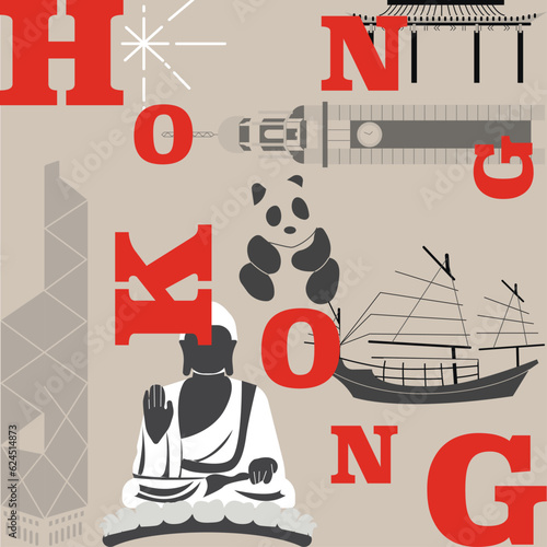 Typography word “Hong Kong” branding technology concept. Collection of flat vector web icons. Chines culture travel set, famous architectures and specialties detailed silhouette. Asian famous landmark