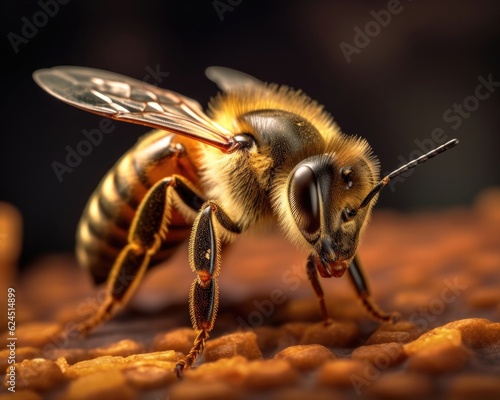 A photorealistic image of a super macro shot of European honey bee,  macro lens, emphasizing the detail and realism of image. Generative AI © Razvan