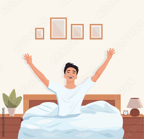 Morning man woke up in bed happy. Cartoon design vector illustration.