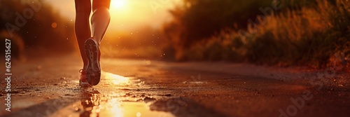 Banner of Close-up of runners, training, shoes, and lakes sunset in the background