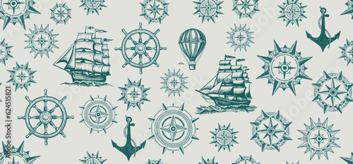 Vintage sailing yachts, anchor, wind rose, ship steering wheel, vector.