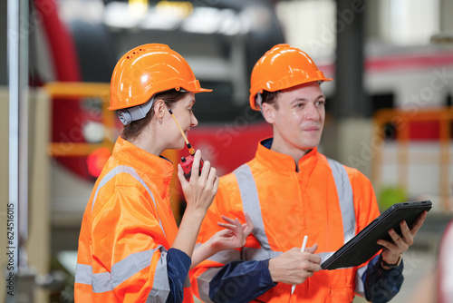 Engineer specialist and technician maintenance railway inspect construction site.