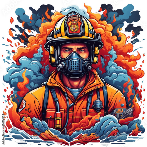Firefighter in fire. Fireman in a gas mask and helmet. Vector illustration.