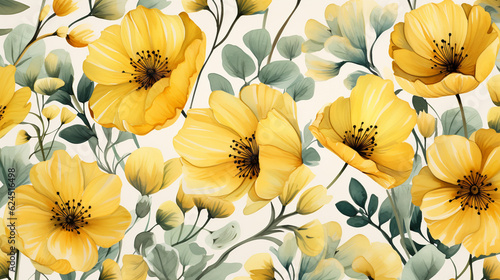 Yellow Flowers Watercolor Seamless Pattern