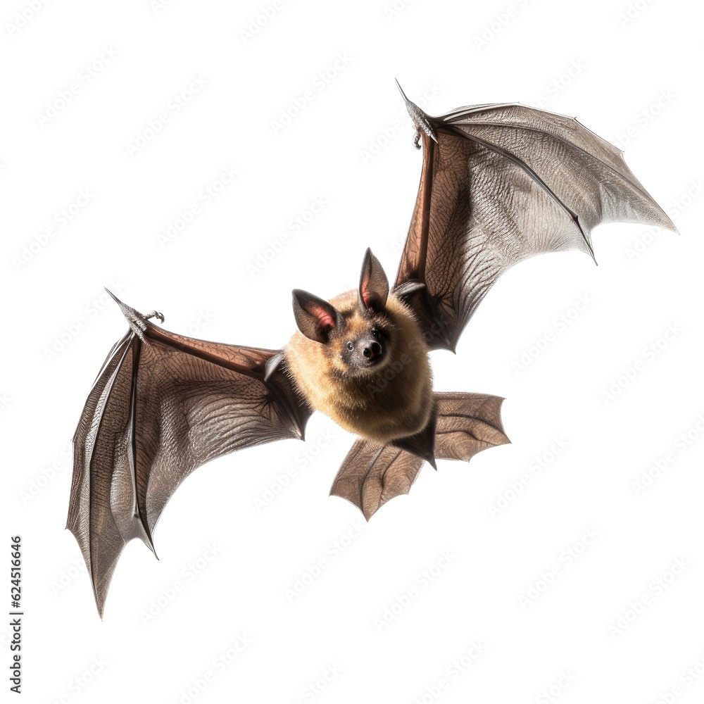 Obraz premium a Bat in-flight, in frontal view in a transparent PNG Nature-themed, photorealistic illustration. Generative ai