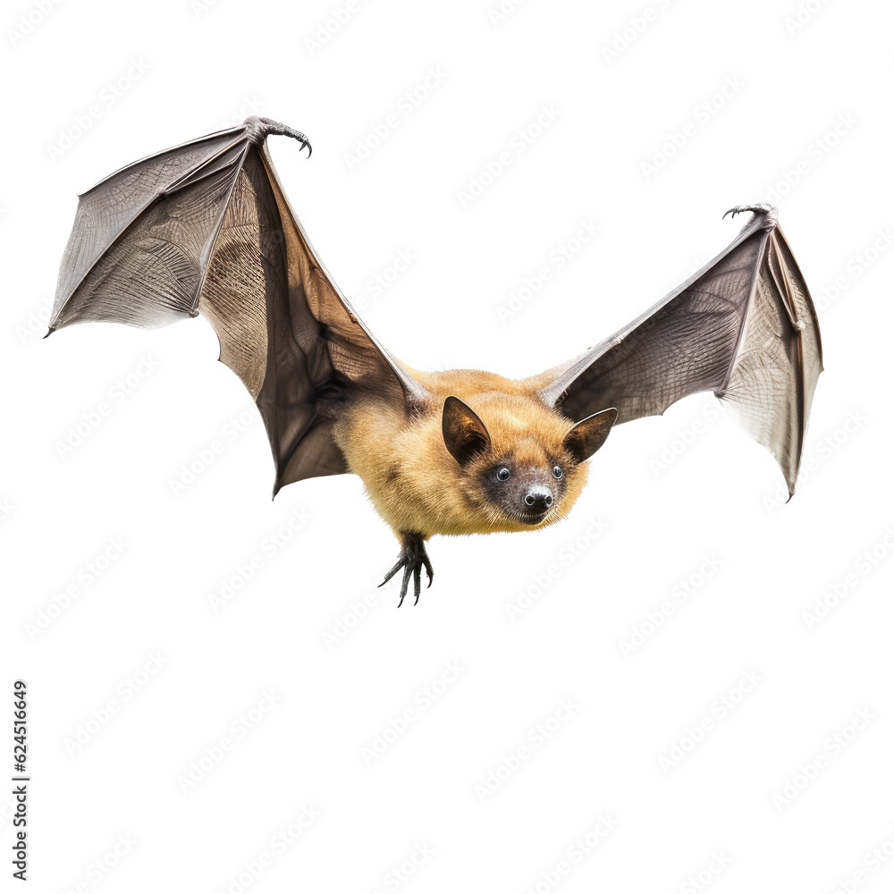 Obraz premium a Bat in-flight, in frontal view in a transparent PNG Nature-themed, photorealistic illustration. Generative ai