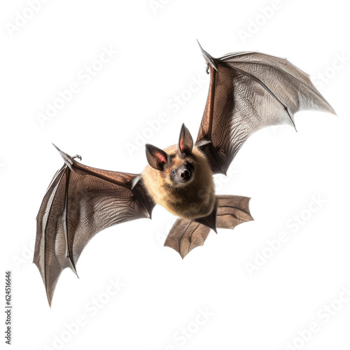 a Bat in-flight, in frontal view in a transparent PNG Nature-themed, photorealistic illustration. Generative ai