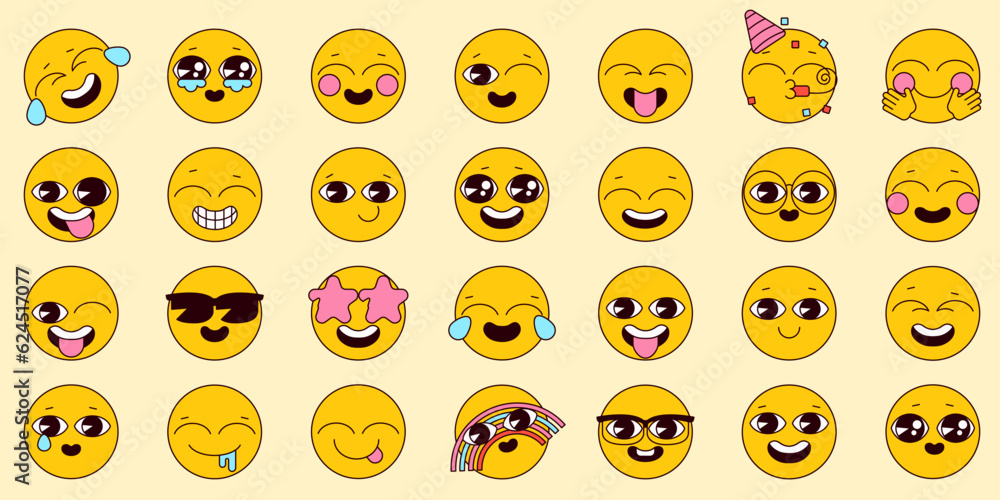 Cartoon retro emoji set in linear style. Happy emoticons set. Vector pack. Collection emotion of happiness and fun. Vintage icons sticker label in 70s, 80s, 90s style. Editable path