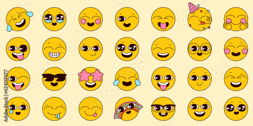Cartoon retro emoji set in linear style. Happy emoticons set. Vector pack. Collection emotion of happiness and fun. Vintage icons sticker label in 70s, 80s, 90s style. Editable path