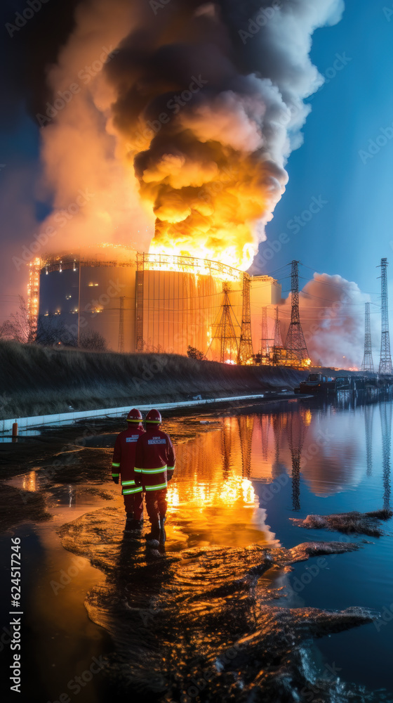 AI generated Firefighters extinguish a fire in an industrial building, chemical plant,  power plant at night