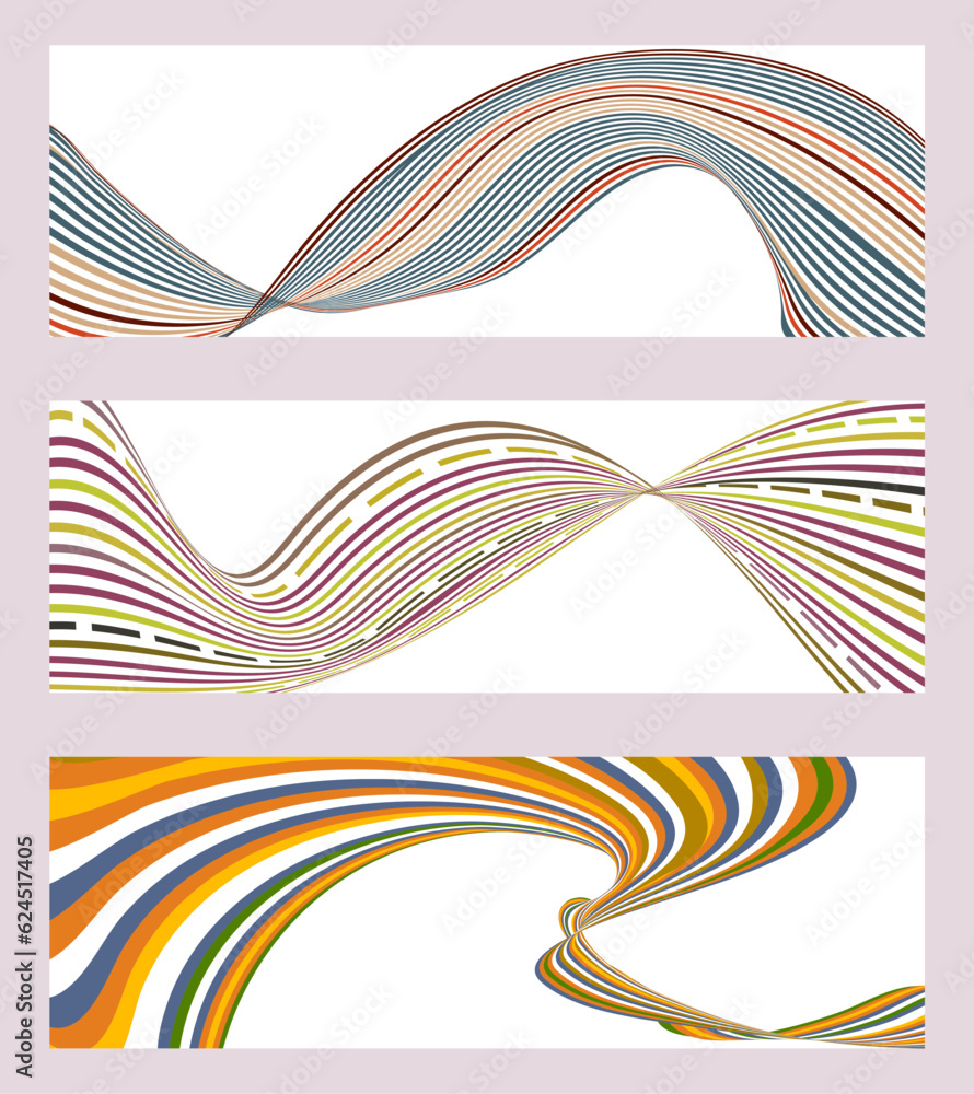 Wavy lines or ribbons. Set of 3 backgrounds. Multicolored striped gradient. Creative unusual background with abstract gradient wave lines to create a trendy banner, poster. vector eps Wavy lines or ribbons. Set of 3 backgrounds. Multicolored striped gradient. Creative unusual background with abstract gradient wave lines to create a trendy banner, poster. vector eps