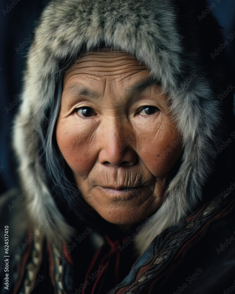 AI generated portrait of middle aged woman walking in Inuit village Alaska