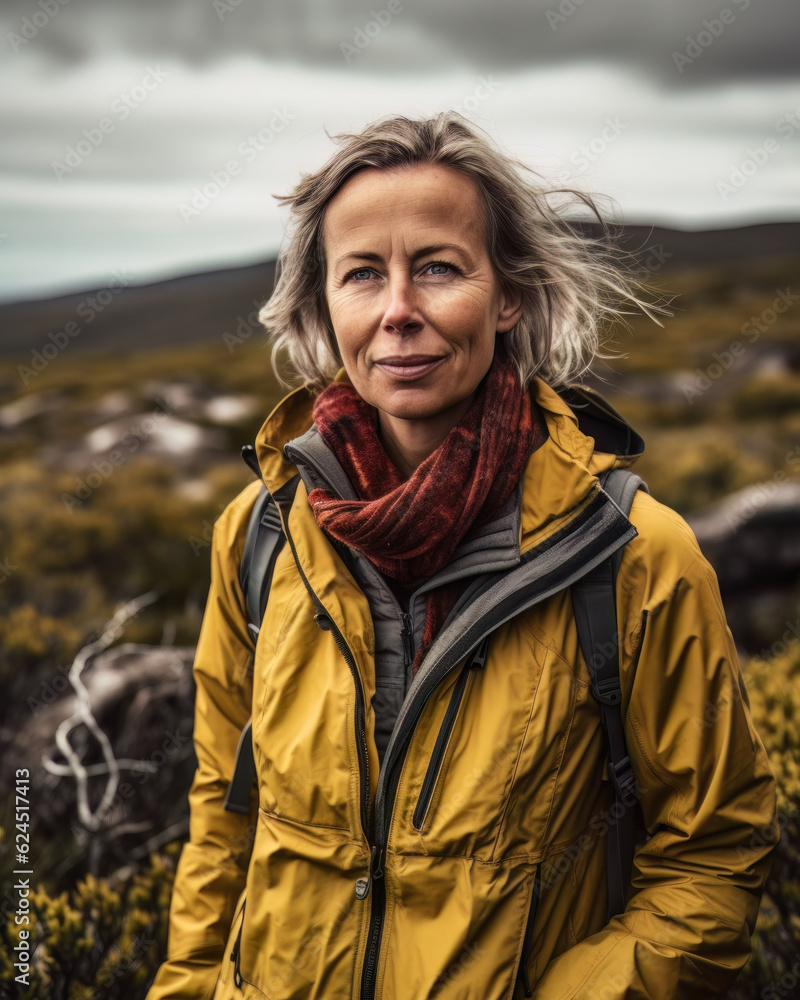 AI generated  middle aged woman hiking in Mt William National Park, in the Australian state of Tasmania