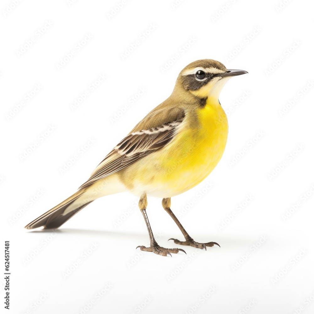 Fototapeta premium Eastern yellow wagtail bird isolated on white. Generative AI
