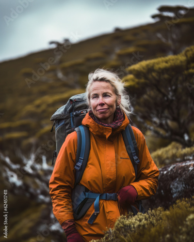 AI generated  middle aged woman hiking in Mt William National Park, in the Australian state of Tasmania © DyrElena