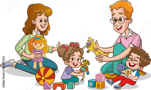 parents playing with kids at home. Educational toys. Children playing designer cubes, developmental constructor, sorter.
