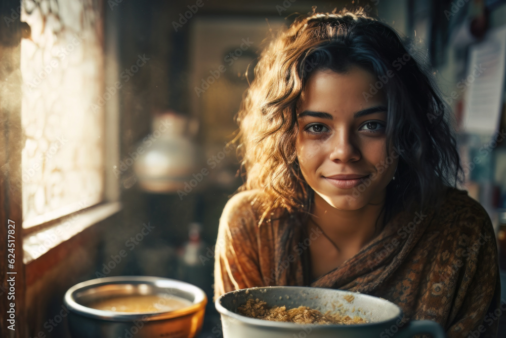 AI generated Indian girl in the morning in a cafe having breakfast