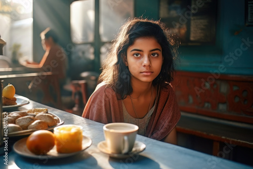 AI generated Indian girl in the morning in a cafe having breakfast