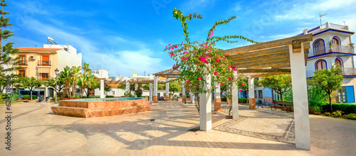 View of town square with decorative gazebo in Nerja. Malaga province, Andalusia, Spain