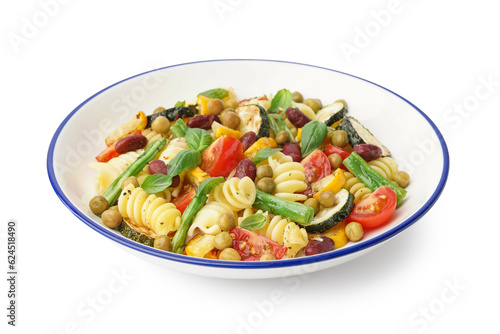 Bowl of tasty pasta salad with tomatoes and basil on white background