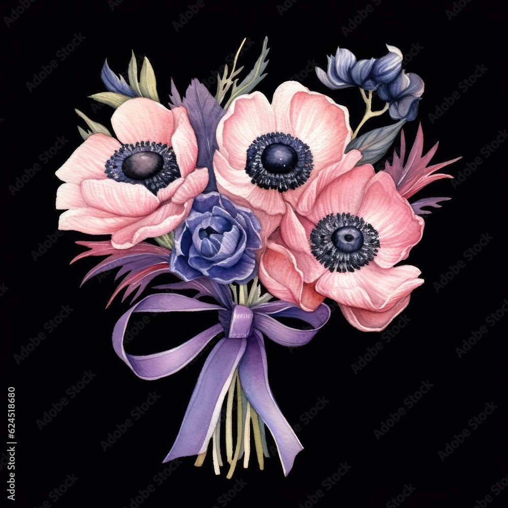Anemone Bouquet Flowers on a Black Background. Generative ai Anemone Bouquet Flowers on a Black Background. Generative ai
