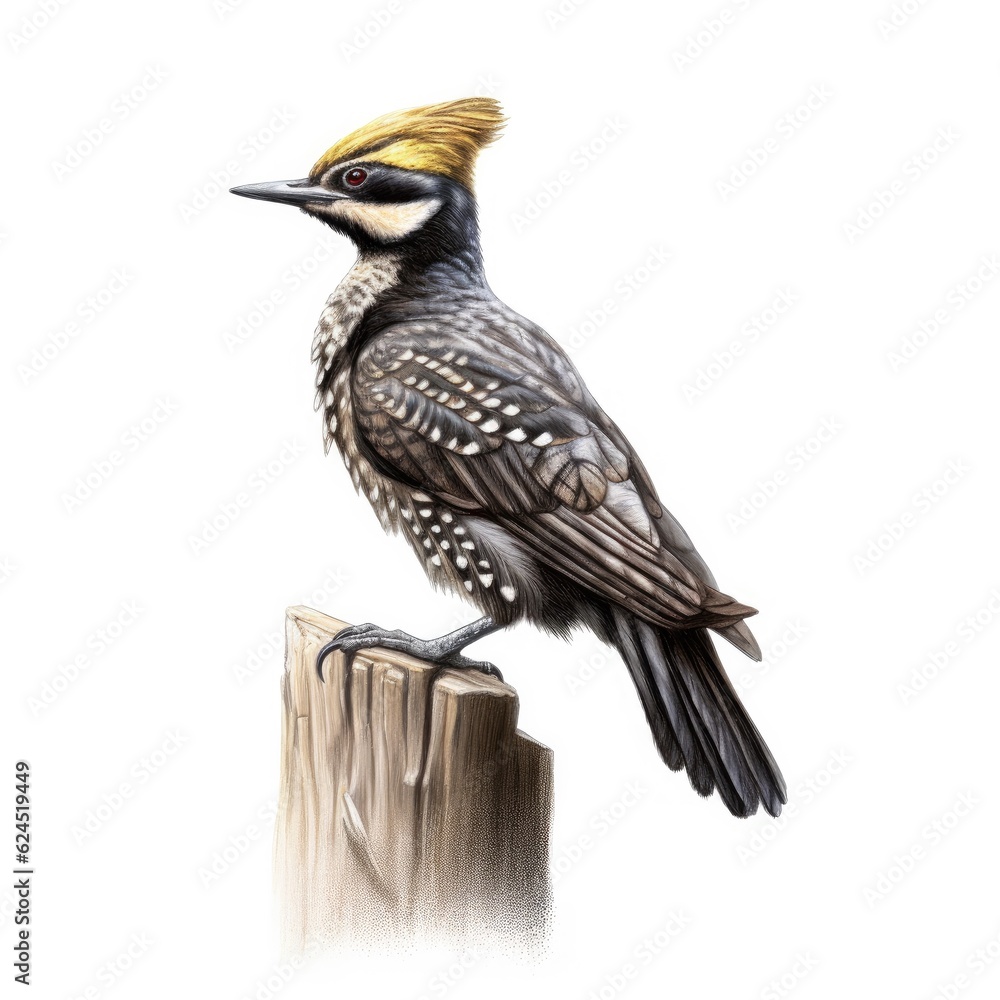 Fototapeta premium American three-toed woodpecker bird isolated on white. Generativ