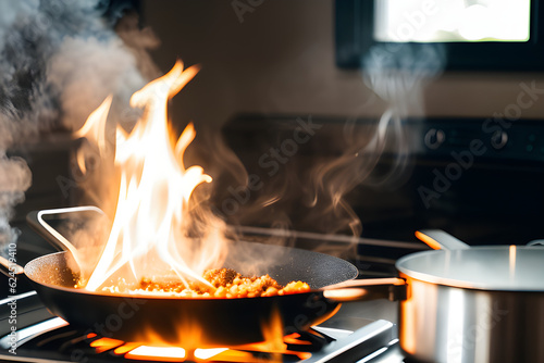 indische asiataische küche strassenkücje thailand flamme flambiert feuer ofen wok kochen küche fritieren brand flambieren essen zubereiten kochen - generative ki