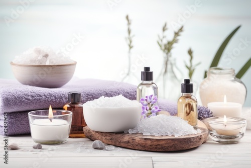 Beauty treatment items for spa procedures on white wooden table. AI generated
