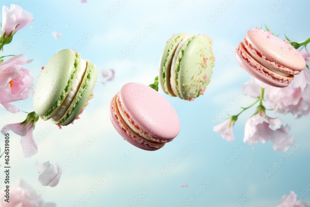 Close up of macaroons and roses flying in the air. AI generated Close up of macaroons and roses flying in the air. AI generated
