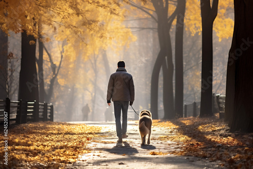 Walking man with the dog in the autumn park of Manhattan. Outdoor morning walk together. Autumn mood. Generative Ai content. © Nataliia