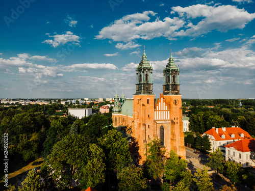 Aerial view of Cathedral Basilica of Saints Peter and Paul in Poznań. Ostrow Tumski